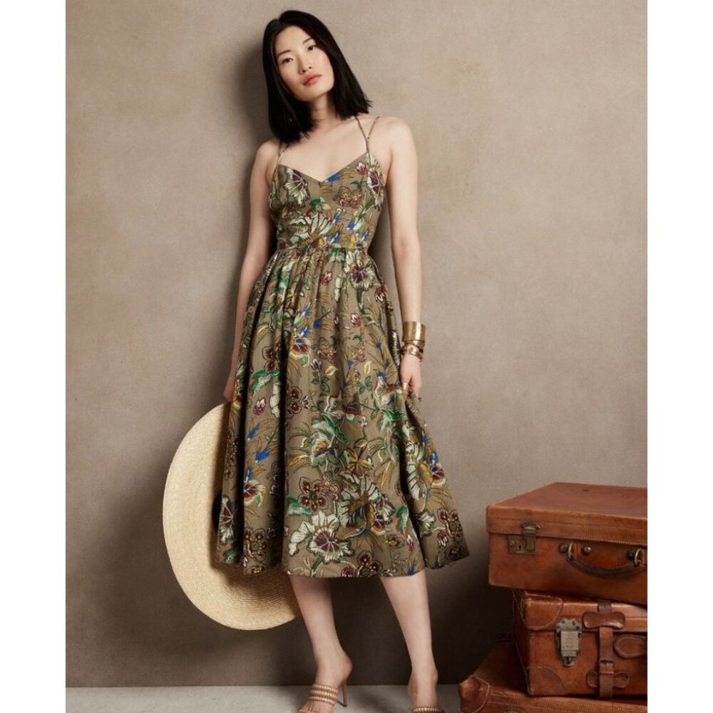 Banana Republic Linen Midi Dress Smocked Back V Neck Vintage Floral Small Petite